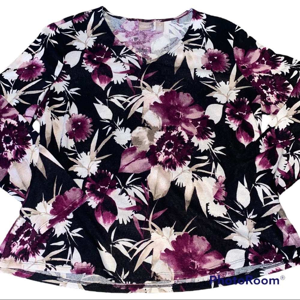 Chico’s Lightweight V-Neck Long Sleeve Floral Sweater Top 3 XL 16 EUC